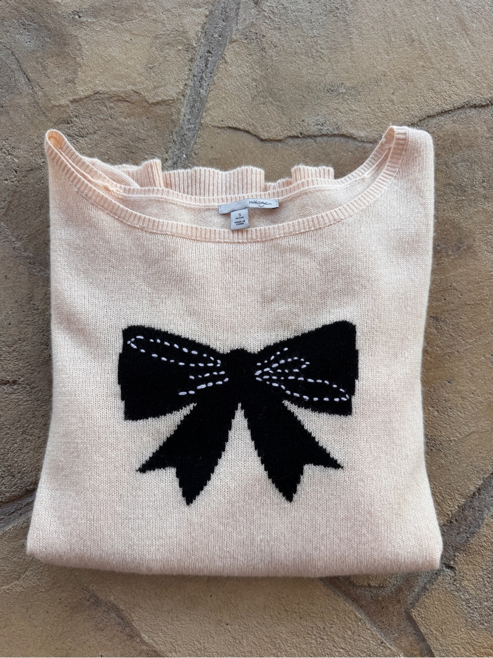 Halogen Wool Cashmere Blend Bow Intarsia Sweater Blush Pink Black Size SP - Picture 11 of 11